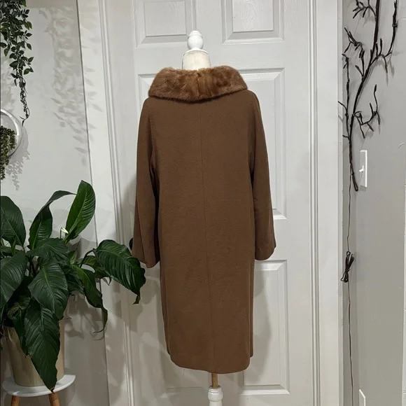 Vintage Cashmere Brown Pea Coat with Fur Collar